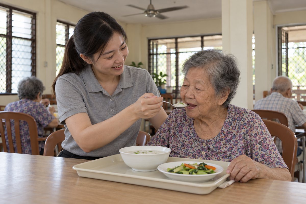 示意图：护理人员在餐桌旁协助长者用餐