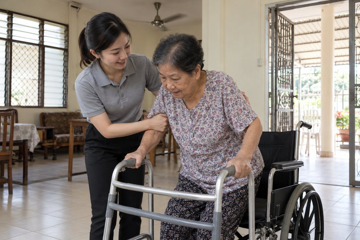 示意图：护理人员扶长者从轮椅站起，使用助行架